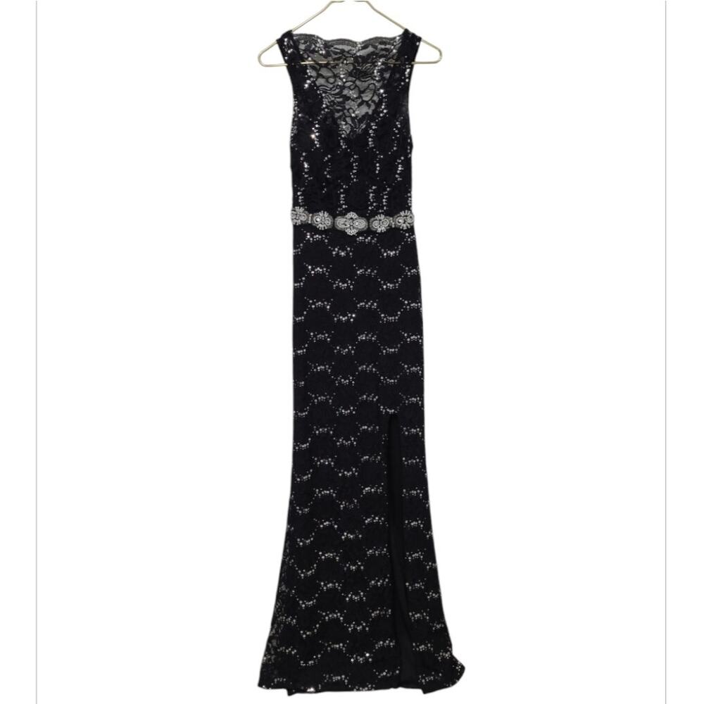 City Triangles Black Evening Gown Goth Glam Rhinestone Beaded Lace Maxi Sz 3 EUC